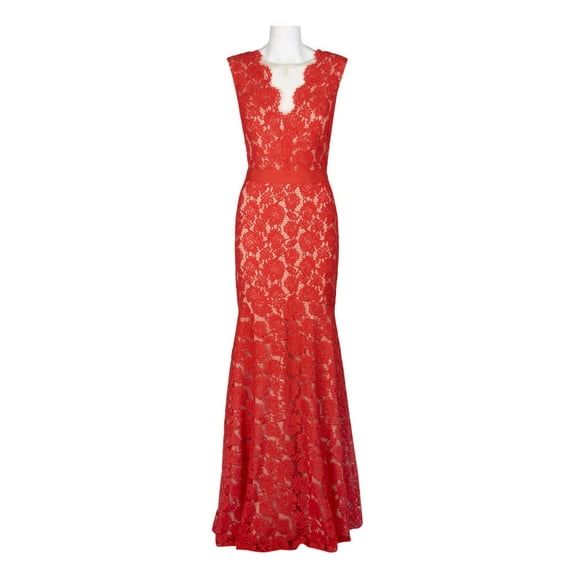 Theia Scalloped V-Neck Sleeveless Banded Waist Zipper Back Flutter Hem Floral Lace Dress-RED NUDE / 14