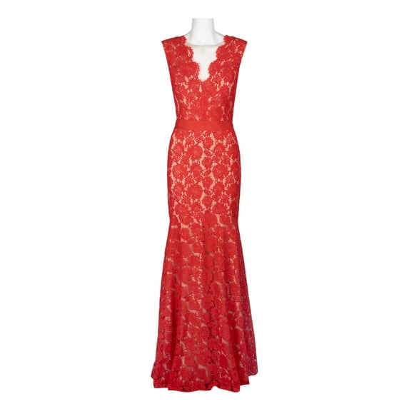 Theia Scalloped V-Neck Sleeveless Banded Waist Zipper Back Flutter Hem Floral Lace Dress-RED NUDE / 2