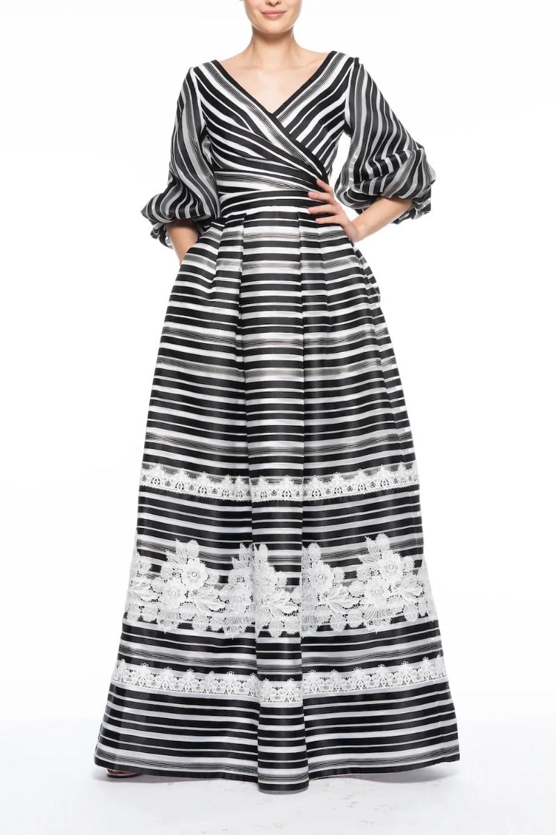 (4p. pack) Black/White Striped V-Neck Printed Midi Dress - T-80