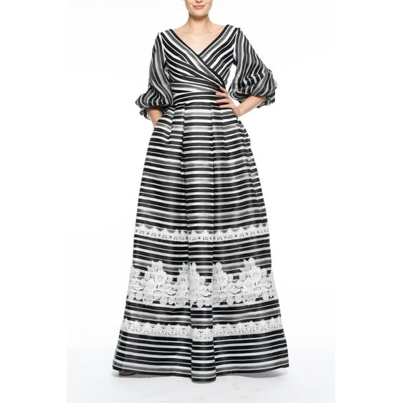 Theia V-Neck 3/4 Sleeve Zipper Back Stripe Print Embellished Organza Dress-BLACK WHITE / 2