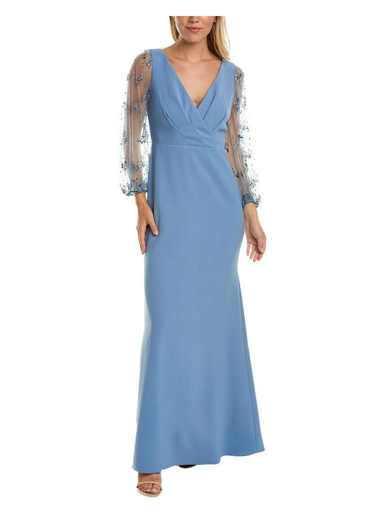 Theia womens Kiera Breaded Puff Sleeve Gown, 0, Blue