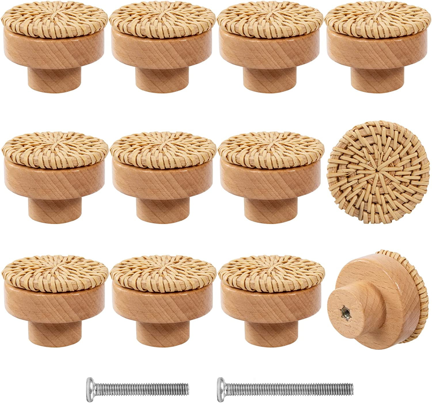 TheirNear 12 Pack Boho Rattan Dresser Knobs Durable Beech Wood Drawer