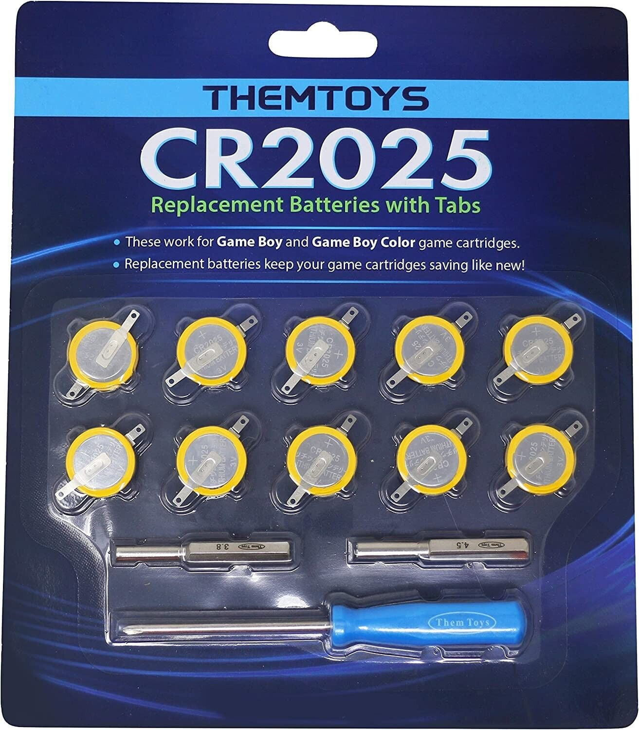 ThemToys Tabbed CR2025 Batteries 10 Pack 2025 Battery Gameboy Cartridge Battery