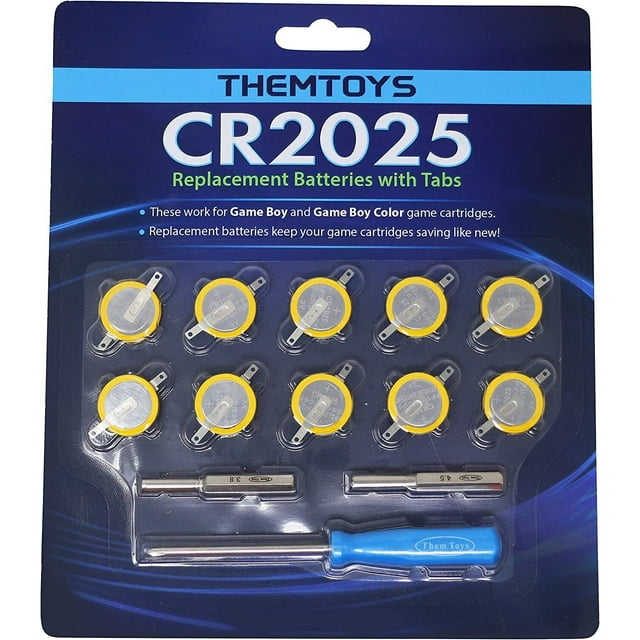 ThemToys Tabbed CR2025 Batteries 10 Pack 2025 Battery Gameboy Cartridge