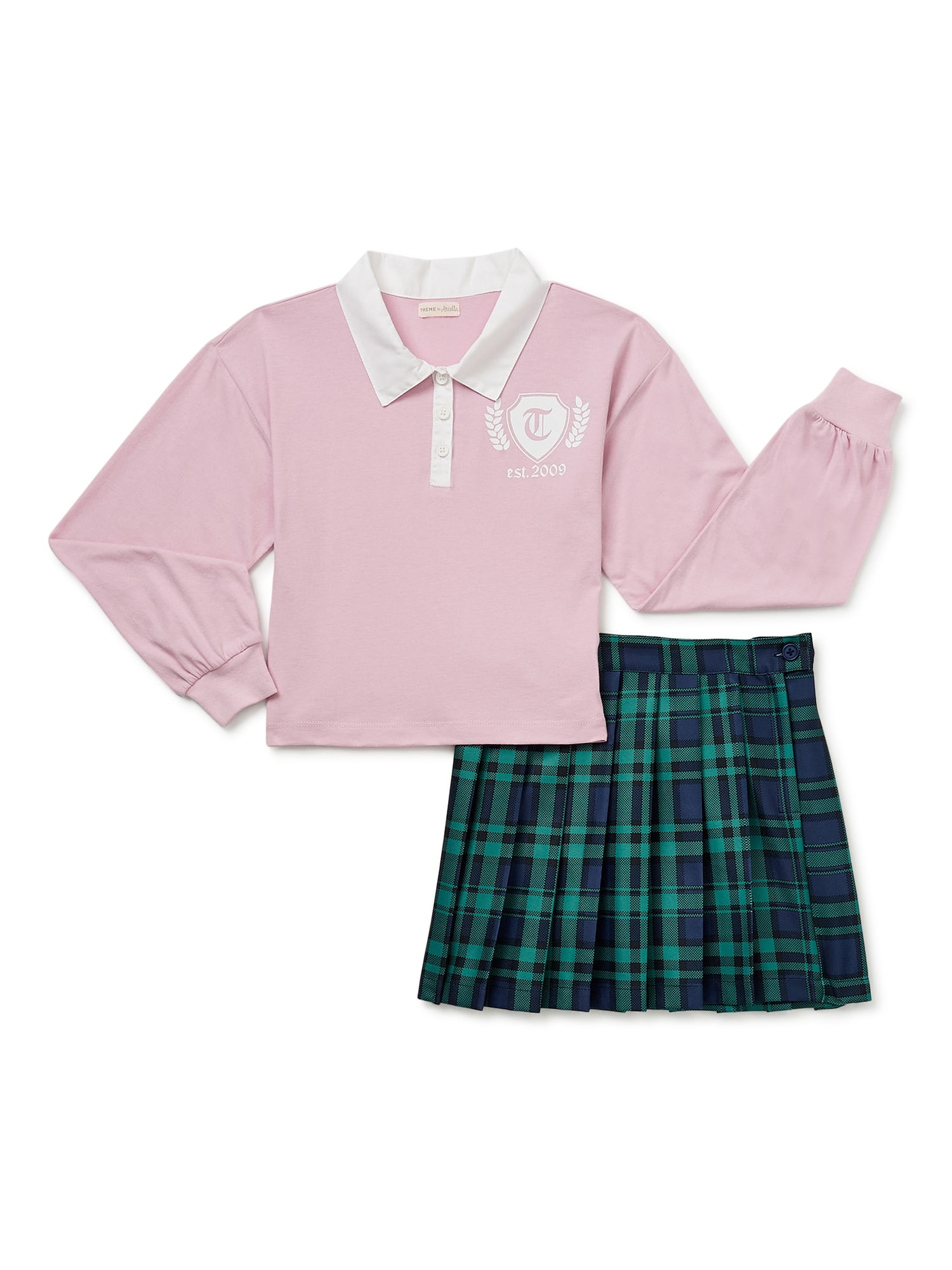 Theme By Ariella Girls Jersey Rugby Top and Pleated Skirt Set, 2