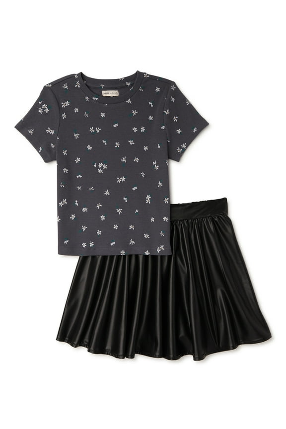 Girls' Ribbed T-Shirt and Faux Leather Skirt Set, 2-Piece, Sizes 7-16