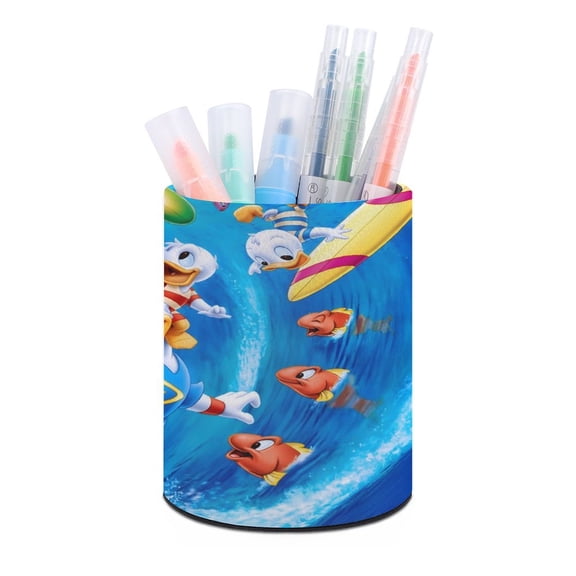 Theme Cylinder Pen Holder Pencil Organizer with Flannel Lining PVC Leather Material Cardboard Base for study work 3.9"x3.1"