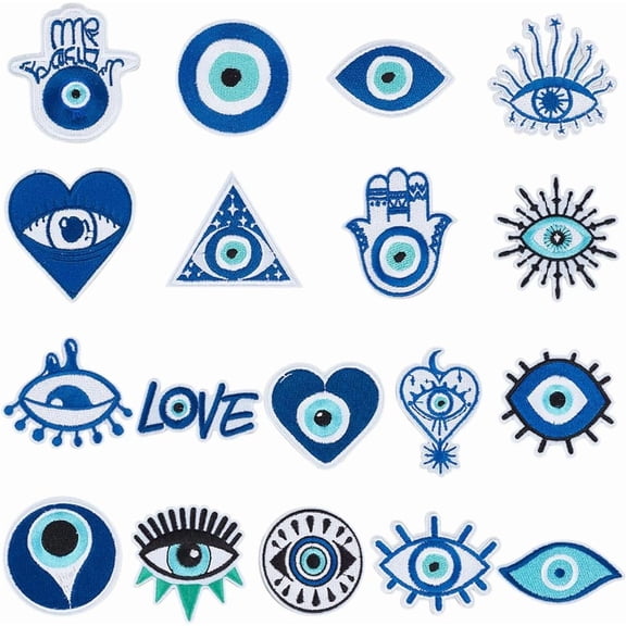 Theme Embroidery Patches Adhesive Blue Hamsa Hand Heart Love Moon Iron on Sew on Embroidered Applique Repair Patch 18Pcs Decorative DIY Craft for Clothing Jacket Jeans Hat Bag Shoes