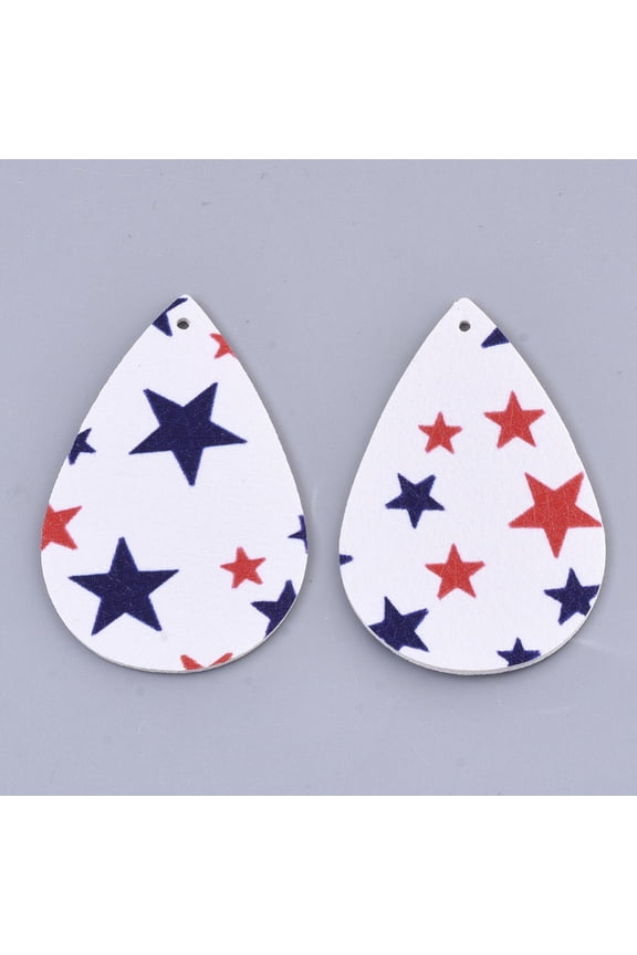 Theme PU Leather Big Pendants Double Sided teardrop with Star Pattern White 56x37x1.5mm Hole: 1.8mm DIY