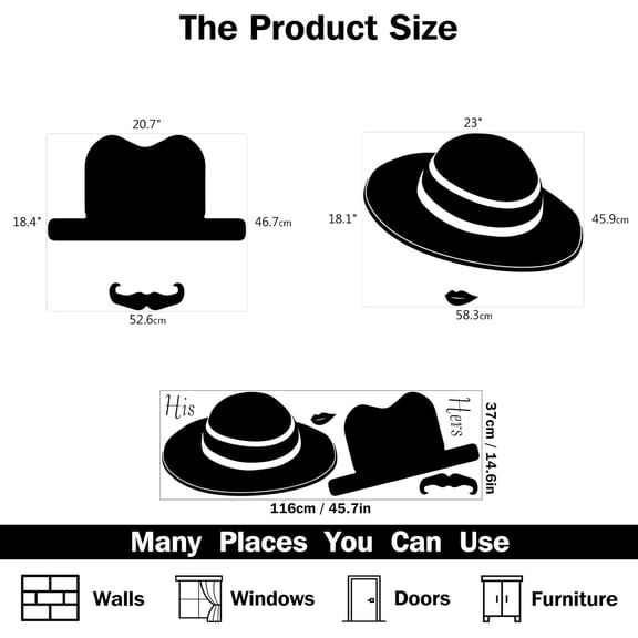 His Hers Theme PVC Wall Stickers 45.7 x 14.6 Inch Black Hat Mustache Lips Wall Decal Words Wall Decor for Toilet Logo Living Room Bed Room Decoration Wall Art Mural