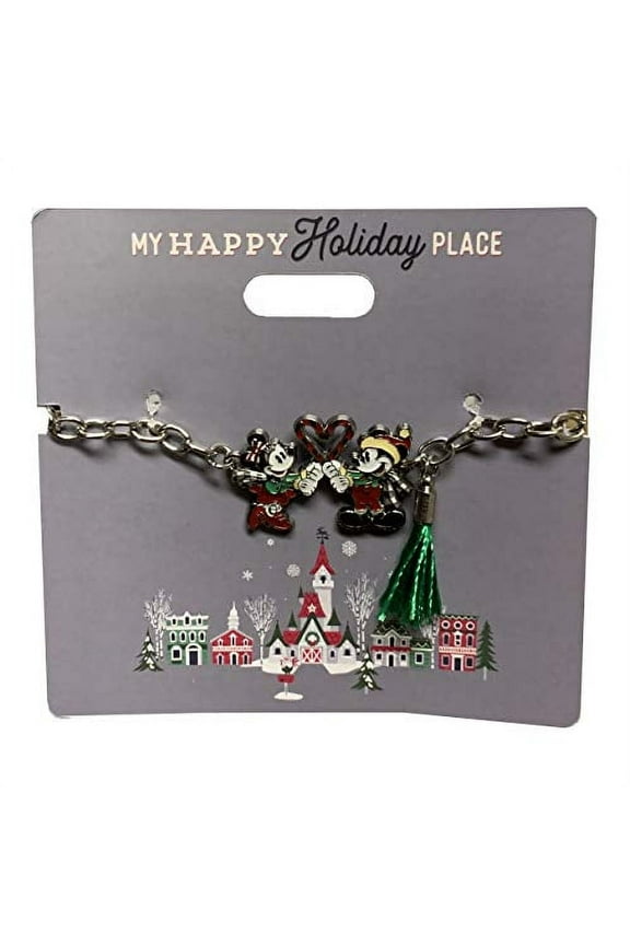 Holiday Bracelet with Mickey and Minnie Mouse, Heart, and Green Tassel