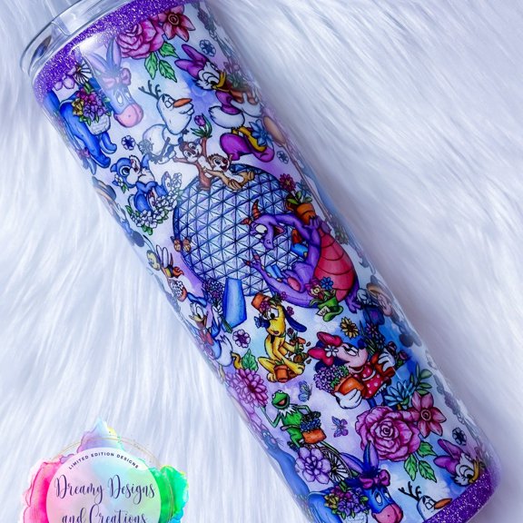 Theme Park Garden Flower & Friends Tumbler, Glitter Edges, Custom Water Bottle or Tumbler, 20 oz