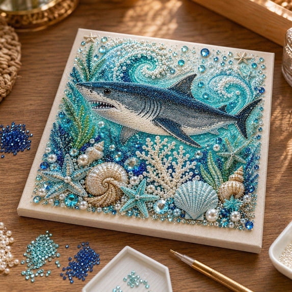 Theme Pearl Art DIY Kit – 8-Design Ocean Rhinestone Painting, Framed Pearl Art for Adults, Relaxing Craft Gift (E)