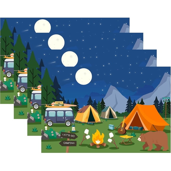 Theme Place Mats Set of 4, Forest Adventure Home Decor, Campfire Non-Slip Washable Reusable Table Mats for Indoor Outdoor Kitchen Dining Table Home Decorations 12 x 18 Inches