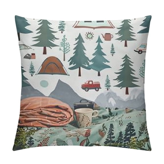 Theme Throw Pillow Covers , Happy Camping Pillow Covers, Travel Car Rv Accessories Cushion Cases, Botanical Flowers Mountain Decorative Pillow Covers Bedroom Decor