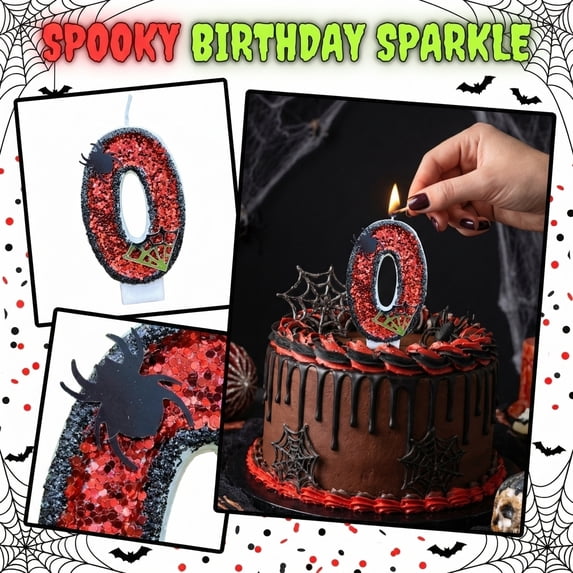 Themed Birthday Party Supplies, Halloween Candle, Number 1 Candle Compatible Numeric Birthday Candle, Halloween Cake Decorations, Glitter Black and Red 0-Shaped Candle Perfect for