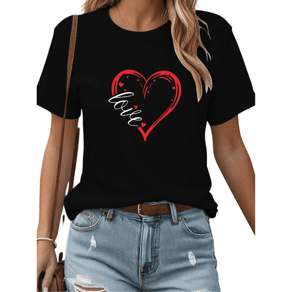 Themed Black Graphic Tees Print Tshirt Shirts S-5XL Valentine's Day Love Heart Script for Daily Outfits Tops
