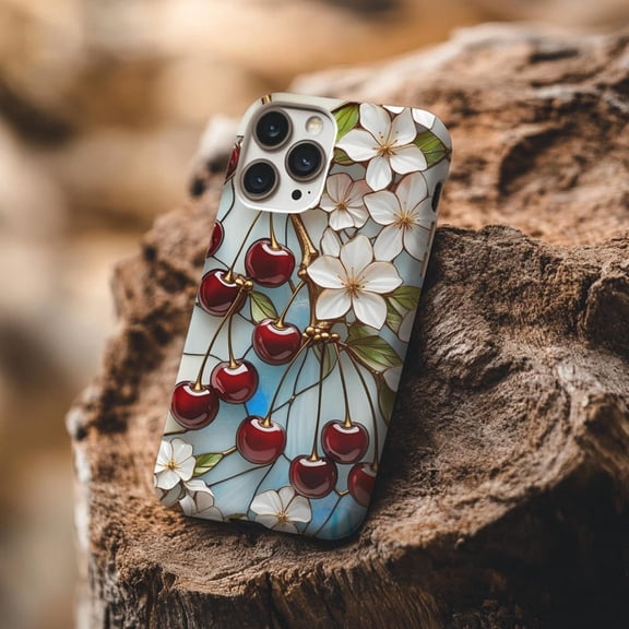 Themed Cherries and Flowers Stained Glass Mosaic Fruit Art A751 Protective Case for iPhone 17 16 15 14 13 12 11 Pro Max