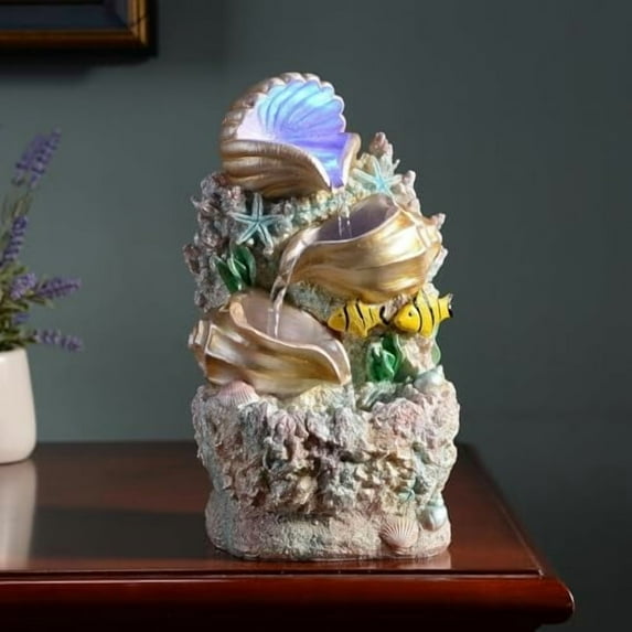 Themed Coral Shell Fountain Tabletop Home Décor Indoor Desktop Fountains Perfect for Zen Waterfall Meditation Waterfall Decor Fountain with LED Lights(23037)