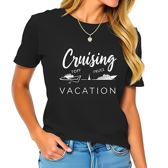 Themed Cotton Short Sleeve T-Shirt - " Cruising " Script with Yacht & Sailboat Illustrations Vacation Vibes