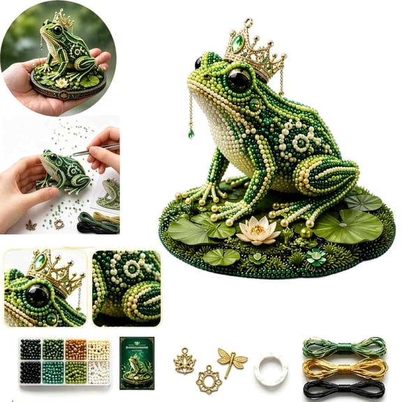 Themed DIY Bead Set (1 Pack) - Complete 3D Beaded Figurine Craft Kit with Beads, Thread & PET Display Base - DIY Decor Project for Home, Desk & Party Activity, 3.35"L x 2.76"H (Frog)
