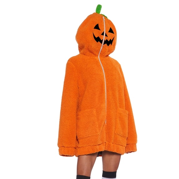 Themed Pumpkin Hood Jacket, Halloween Pumpkin Oversized Fuzzy Hood Jacket, Smiling Jack O Lantern Zip Up Coat With 3D Stem, Warm Plush Halloween Cosplay Loungewear for Adult, Army Green L