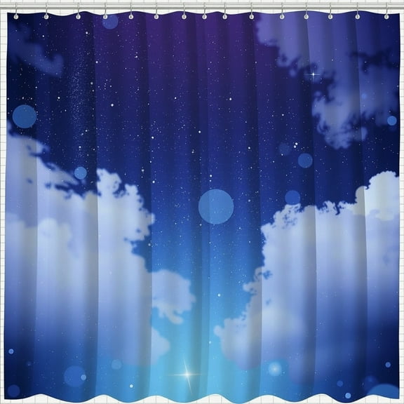 Themed Shower Curtain - Deep Blue Night Sky with Stars & Clouds - Serene Bathroom Decor