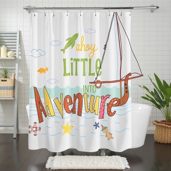 Themed Shower Curtain with Sailboat, Fish "Ahoy Little Into Adventure" - Bright & Cheerful Bathroom Decor