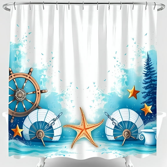 -Themed Shower Curtain with Ship & Starfish - Coastal Ocean Waves Design for a Charming Bathroom