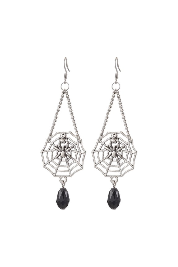 Themed Spider Alloy Dangle Earrings with 304 Stainless Steel Earring Hooks Glass Beads and Iron Twisted Chains Platinum 77x27mm