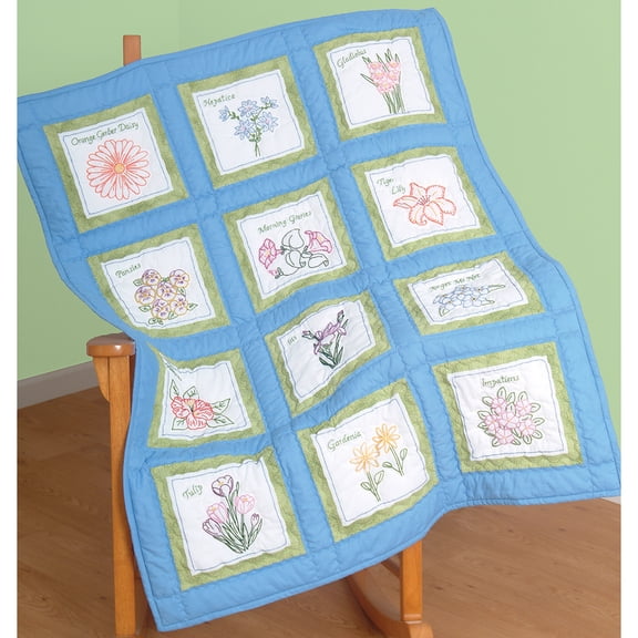 Themed Stamped White Quilt Blocks 9"X9" 12/Pkg-Flowers, Pk 2, Jack Dempsey