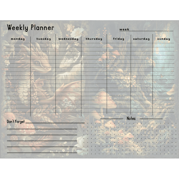 Themed Weekly Planner. Fantasy Forest Theme.