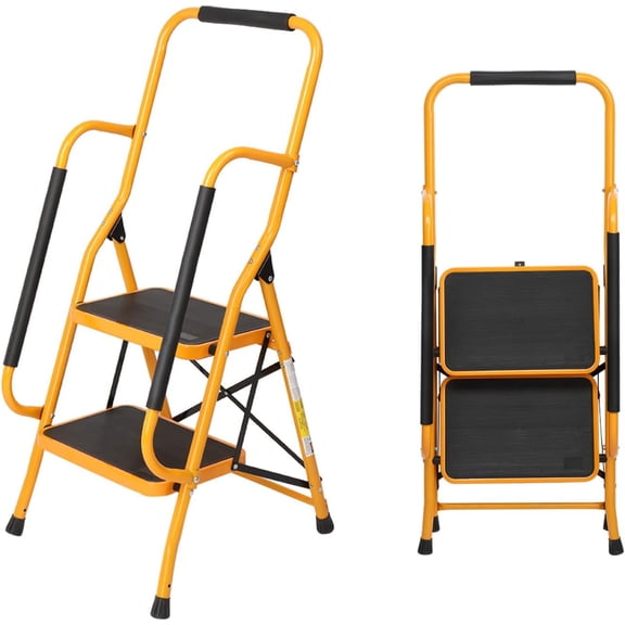 Themis 2 Step Ladder with Handrails, 500lbs Folding Step Stool, w/Non-Slip Side Armrests Large Pedal Area, Suitable for Home Office