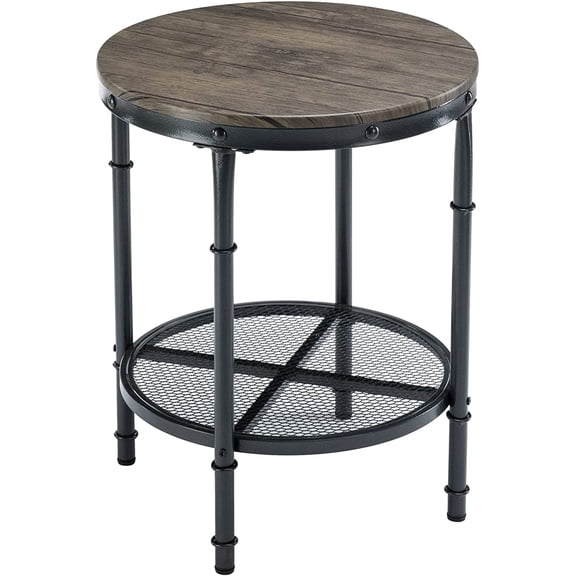 Themis 20" Side Table, Round End Tables Living Room, Industrial Small End Table with Metal Mesh, Rustic Farmhouse Side Tables for Bedroom, Office, Corner, Walnut