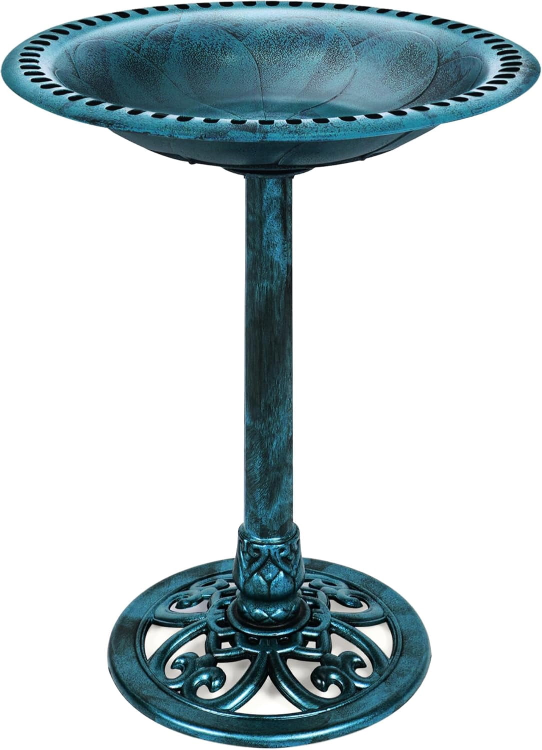 Themis 28in Pedestal Bird Bath, Vintage Outdoor Resin Accent Decoration w/Fleur-de-Lis Accents - Peacock Blue