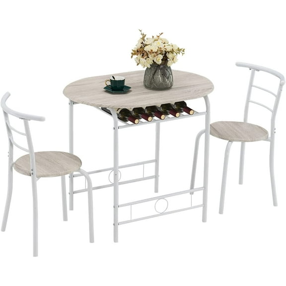Themis 3 Piece Dining Set,Small Kitchen Table Set for 2,Breakfast Table Set,Kitchen Wooden Table and 2 Chairs for Small Space/Dining Room/Apartment,Metal Frame,Wine Rack,White&Light Oak