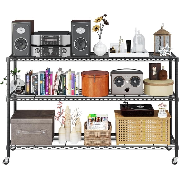 Themis 3-Tier Adjustable Metal Storage Shelves, Wire Shelving Unit with Wheels & Leveling Feet, Heavy Duty Garage Shelving, Pantry & Kitchen Display Shelf Organizer, Home Storage Rack