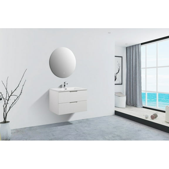 Themis 30 Inch White Wall Mount Vanity With A Integrated Sink