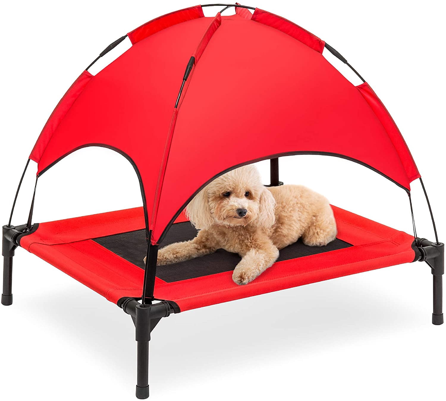Themis 30in Elevated Cooling Dog Bed, Outdoor Raised Mesh Pet Cot w/Removable Canopy Shade Tent, Carrying Bag, Breathable Fabric - Red