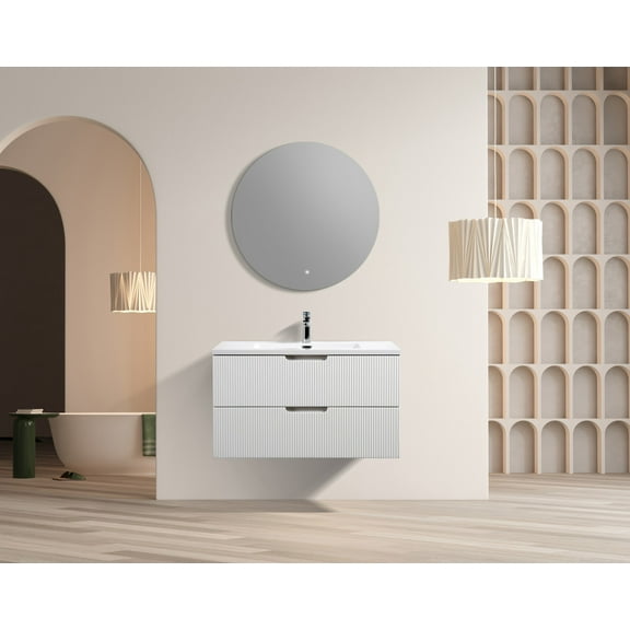 Themis 36 White Wall Mount Vanity With A Integrated Sink