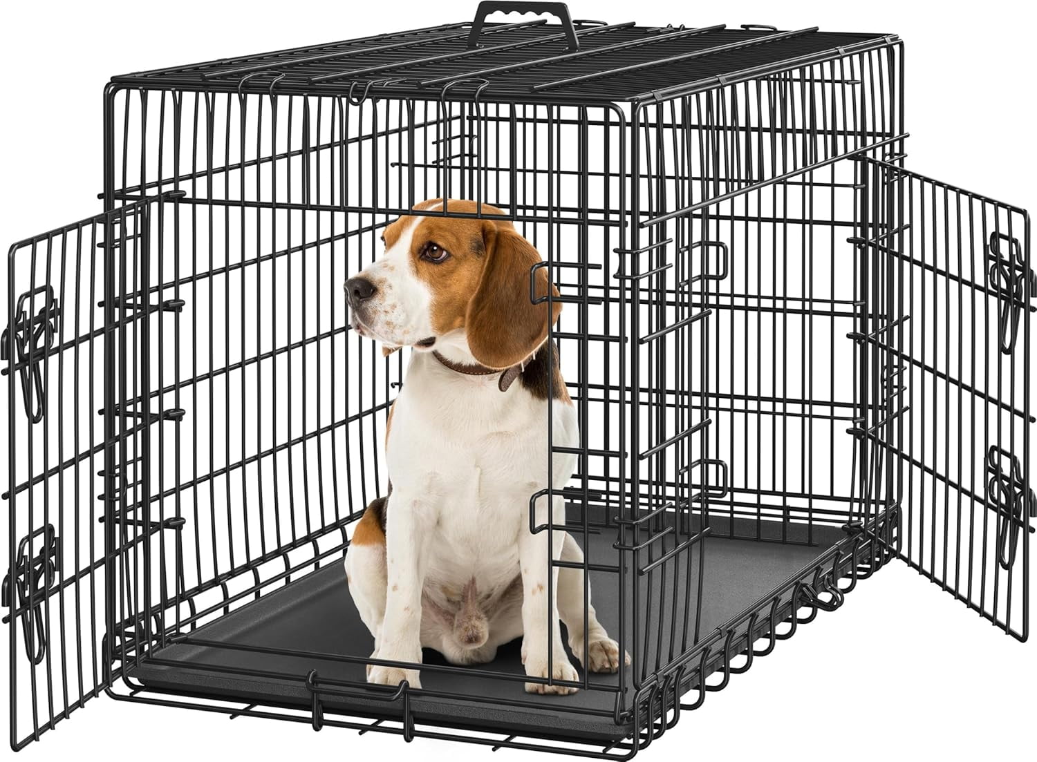 Themis 36 inch Double Door Dog Crate w/Divider for Puppy, Collapsible Metal Dog Kennel with Removable Tray, Portable Travel Cage, Black