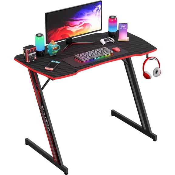 Themis | 39" Gaming Table | Red | Z-Shaped Computer Desk with Steel Frame, Headphone Hook, Adjustable Feet | Carbon Fiber Texture Surface, Sweat & Waterproof | for Gaming, Home Office