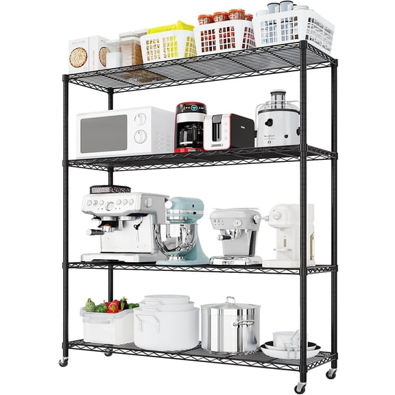 Themis 4-Tier Storage Shelving with 2" Wheels, Adjustable Metal Shelves Wire Storage Rack for Garage Kitchen Basement,800LBS Capacity 64.96" H X 46.06" W X 17.7" D,Black