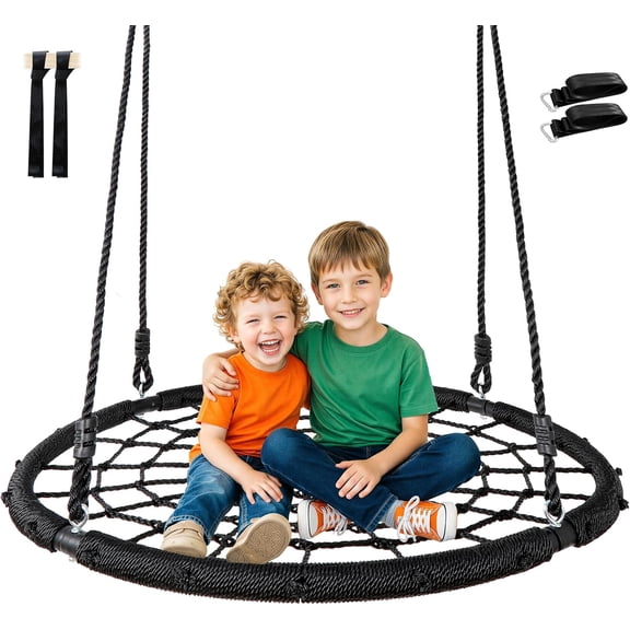 Themis 40'' Spider Web Tree Swing Round Net Swing Platform Rope Swing Set for Kids Adult, 71" Detachable Nylon Rope with Swivel for Outdoor Backyard, Max 660 Lbs Extra Safe Steel Frame, Black
