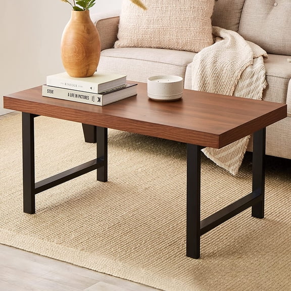 Themis 44in Modern Coffee Table Butcher Block Top Large Accent Table, Rectangular Wood Industrial Rustic Coffee Table for Living Room w/ 2in Metal Legs, 3in Tabletop - Brown
