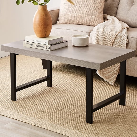 Themis 44in Modern Coffee Table Butcher Block Top Large Accent Table, Rectangular Wood Industrial Rustic Coffee Table for Living Room w/ 2in Metal Legs, 3in Tabletop - Gray