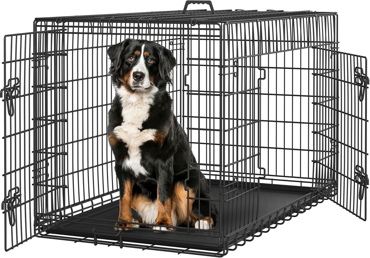 Themis 48 inch Double Door Dog Crate w/Divider for Puppy to Adult Large Collapsible Metal Crate with Removable Tray XXL Wire Dog Kennel Pet Crate for Dogs Portable Travel Cage, Black