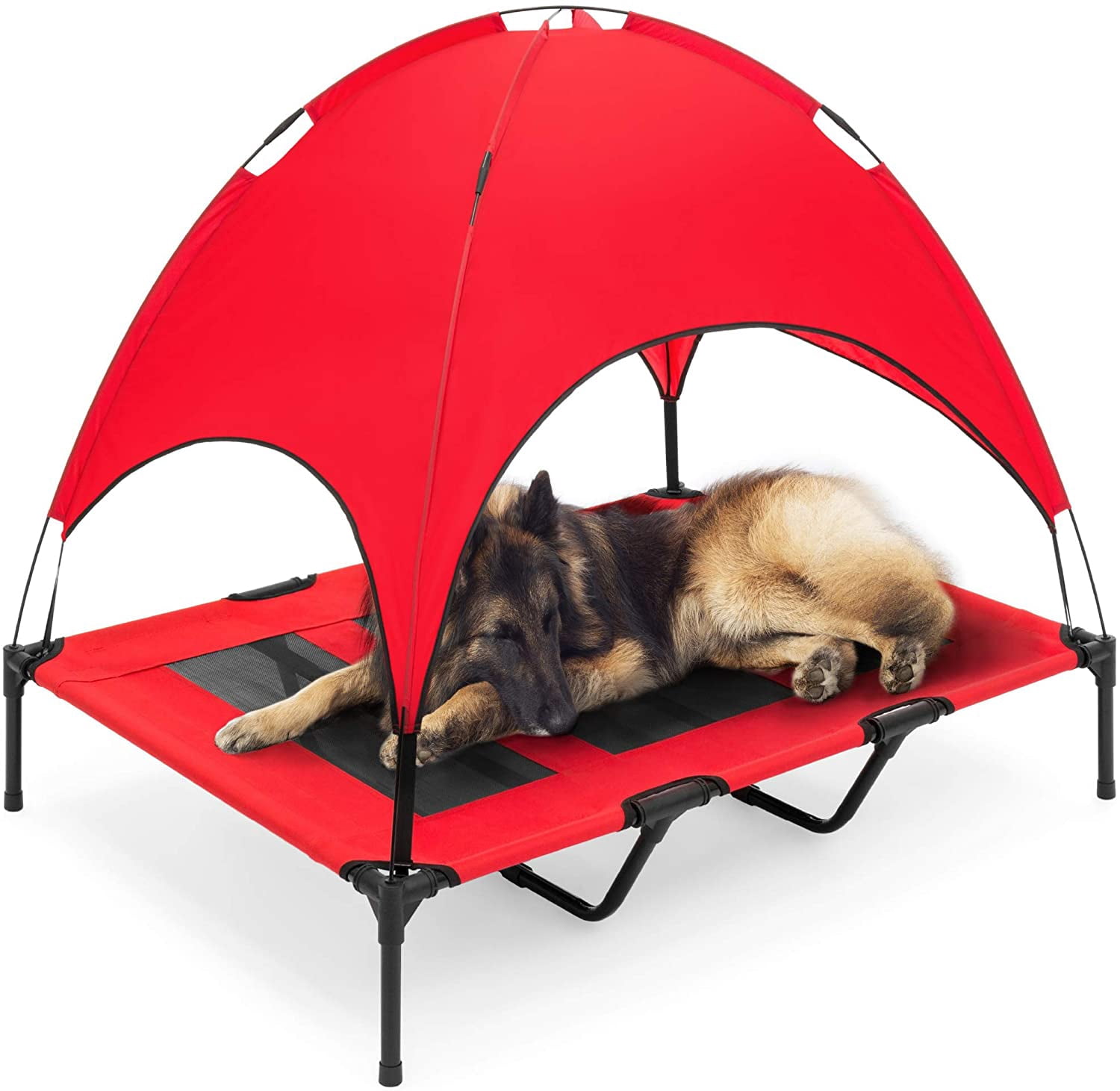 Themis 48in Elevated Cooling Dog Bed, Outdoor Raised Mesh Pet Cot w/Removable Canopy Shade Tent, Carrying Bag, Breathable Fabric - Red