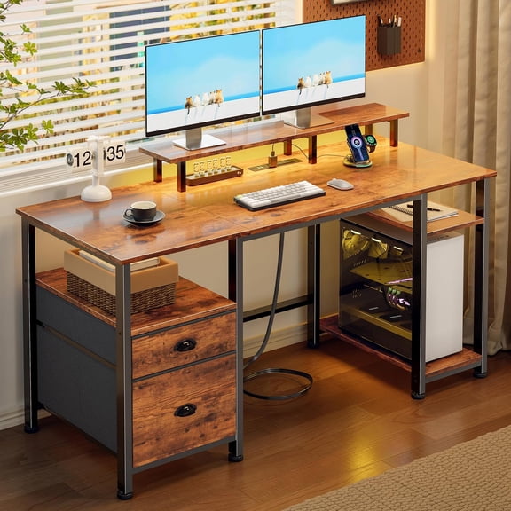 Themis 51" Computer Desk with Power Outlet and LED Lights, Reversible Home Office Desk with File Cabinet & Monitor Stand, Large Gaming Table with Storage Shelves & Drawer, Rustic Brown