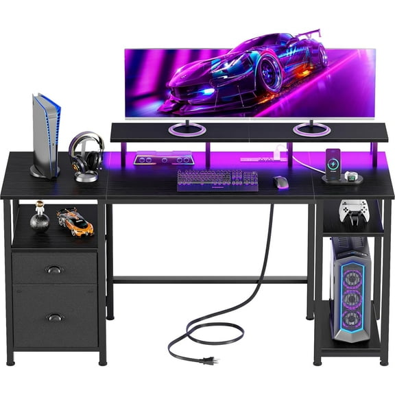 Themis 61" Gaming Desk with Power Outlets & LED Lights, Reversible Computer Desk with File Cabinet & Monitor Stand for Home Office, Large Work Table with Storage Shelves & Drawer, Black